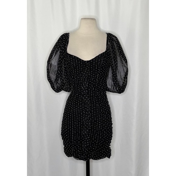 ZARA Chiffon Black Polka Dot Ruched Mini Dress Black Gray Party Blogger Small - Picture 3 of 16
